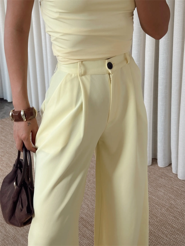 Paçası Düğmeli Palazzo - Sarı