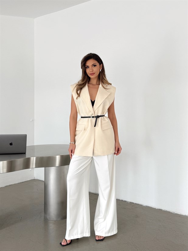 Deri Kemerli Yelek - Krem