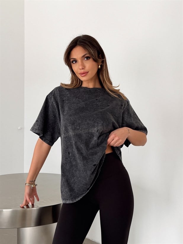 Delikli Yıkama T-shirt - Füme
