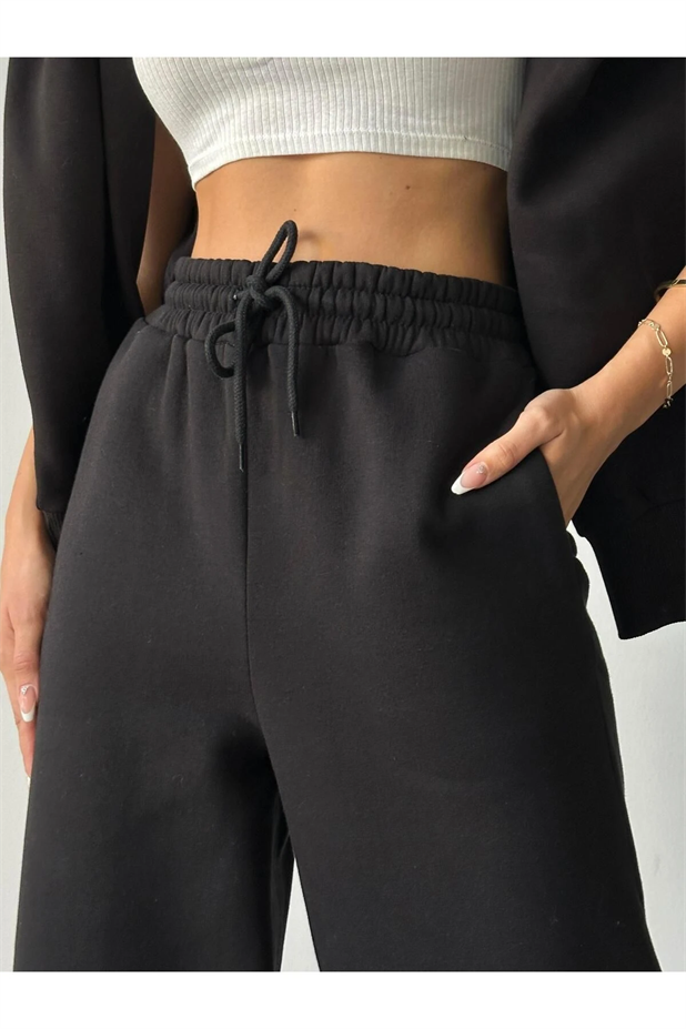 Üç İplik Şardonlu Palazzo Eşofman Siyah - Siyah