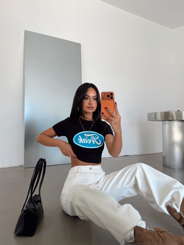Freak Baskılı Crop Basic - Siyah