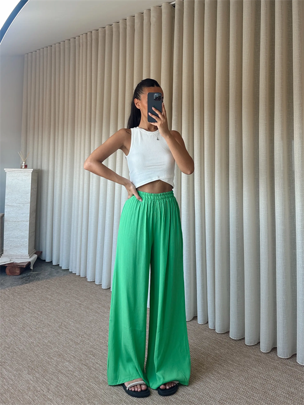 Bel Lastik Tiril Palazzo Pantolon Çimen Yeşili - Çimen Yeşili