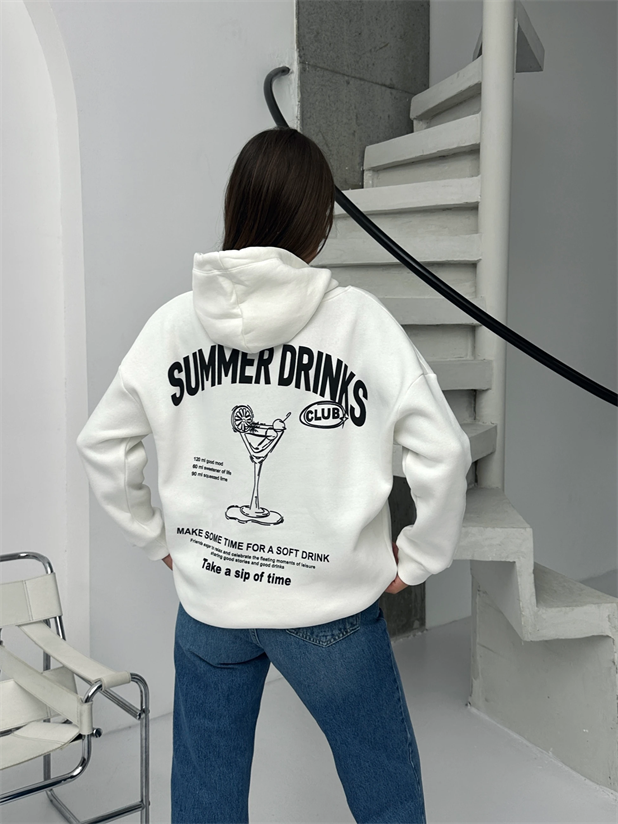 Baskılı Kapüşonlu Oversize Sweat - Beyaz