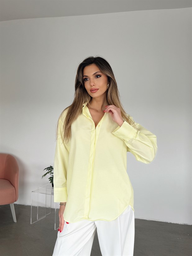 Gizli Pat Düğmeli Gömlek - Sarı