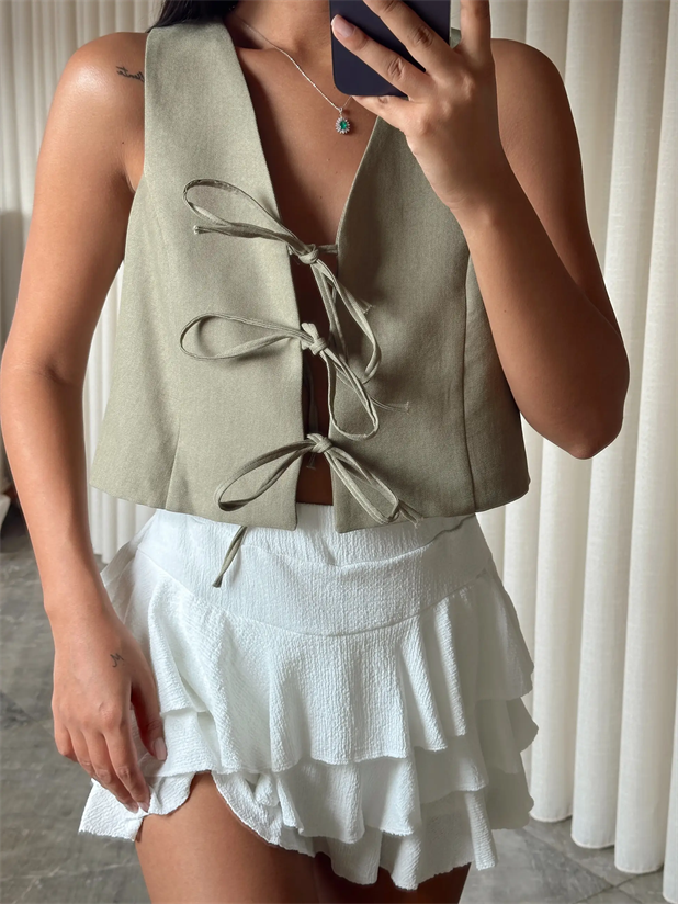 Keten Bağcıklı Yelek  - Haki