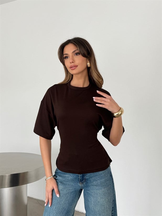 Bisiklet Yaka Biyeli Modal Bluz - Kahve