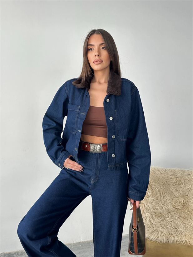 Yakası Kürklü Denim Takım - Mavi