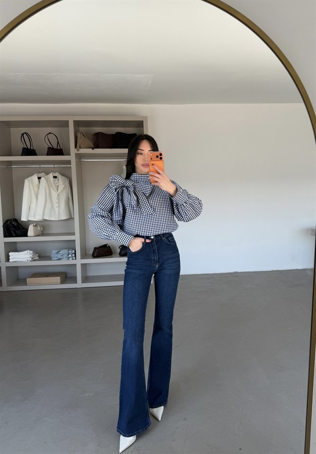 Bağlama Detaylı Poplin Bluz - Mavi