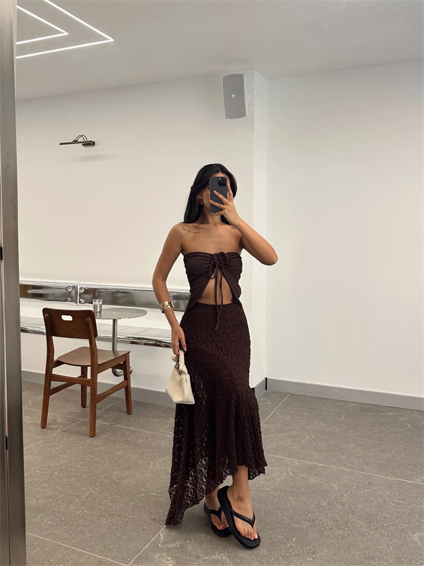 Asimetrik Dantel Uzun Etek - Kahverengi