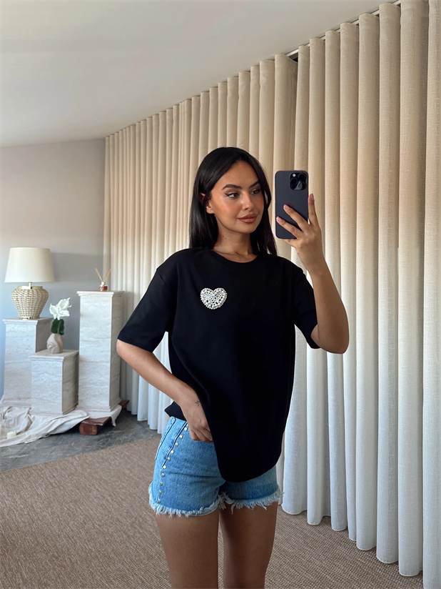 İnci Detay Oversize Basic - Siyah