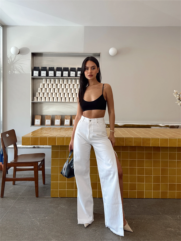 Derin Yırtmaçlı Palazzo Jean Beyaz - Beyaz