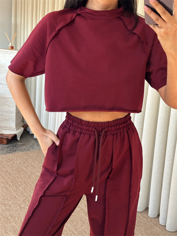 Ters Dikiş Detay Crop Takım - Bordo
