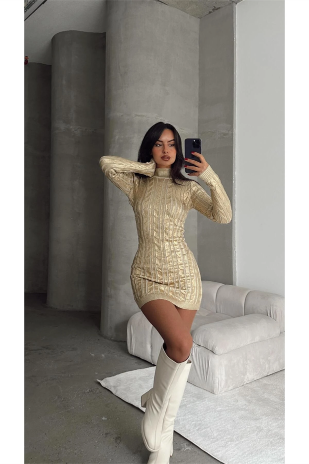 Silver Meg Triko Elbise Metalik Gold - Gold