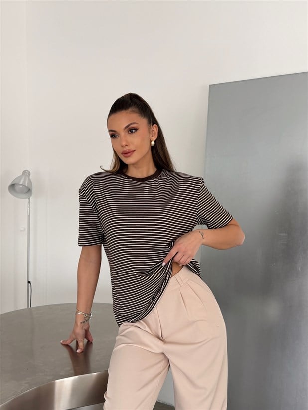 Çizgili Kısa Kol Basic - Kahve