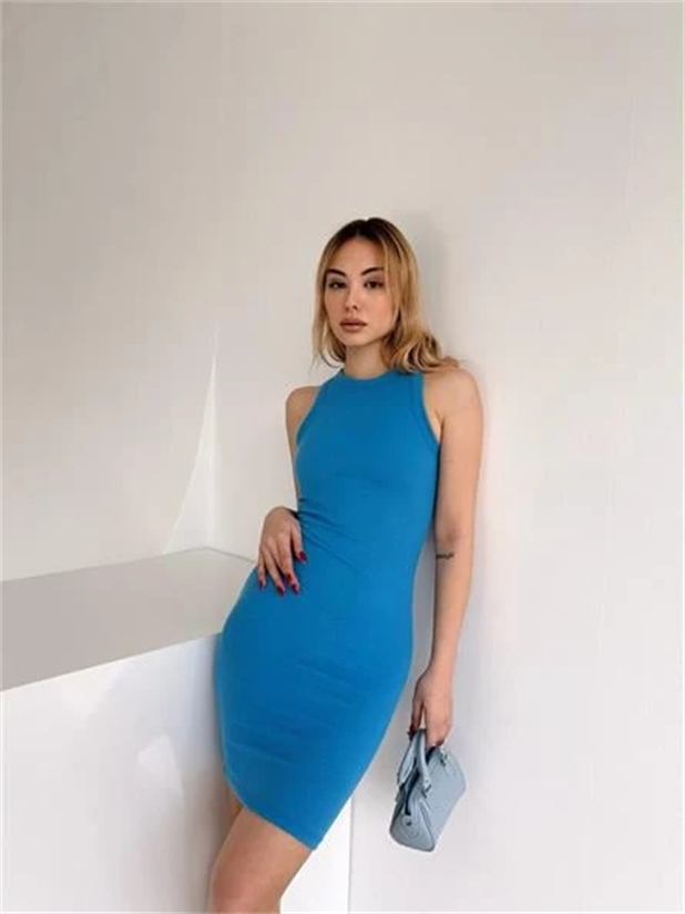 Halter Yaka Fitilli Elbise Mavi - Mavi