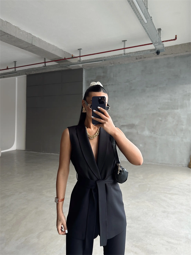 Bağlamalı Blazer Yelek  - Siyah