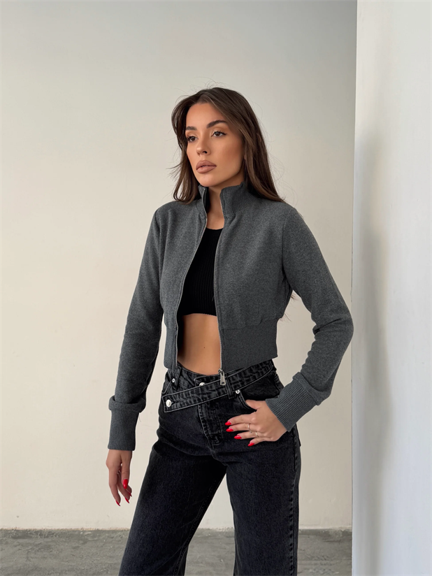 Ribanalı Balıkçı Triko Hırka - Gri