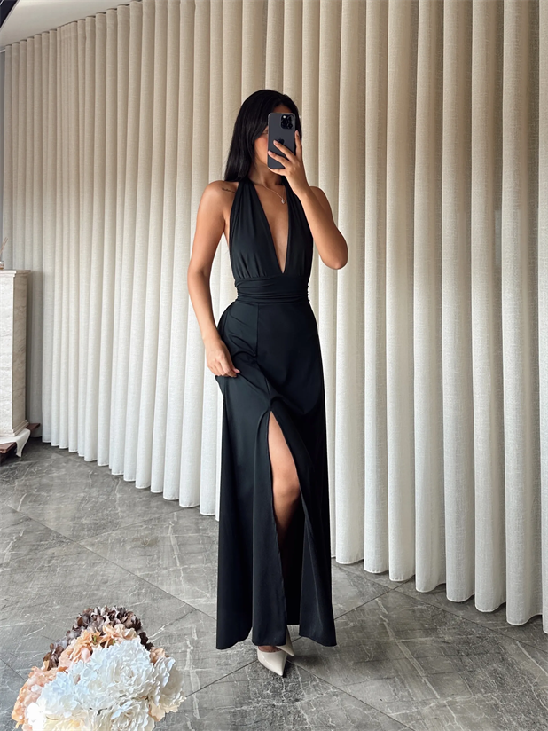 Bel Ve Boyun Bağlamalı Elbise - Siyah