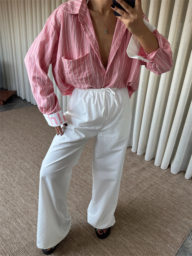 Çizgili Gömlekli Takım - Pudra Pembe