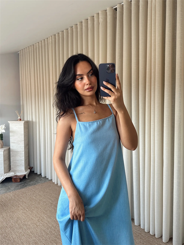 Cepli Keten Elbise - Bebe Mavi