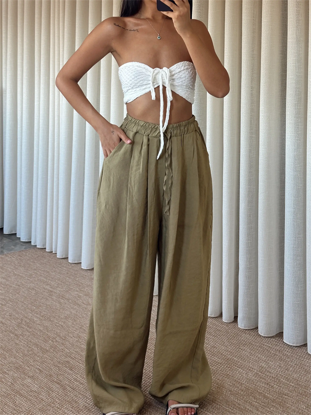 Modal Bağcıklı Palazzo Pantolon - Yağ Yeşili