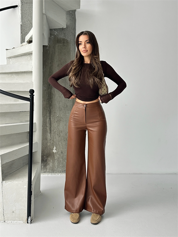 Düz Kesim Şardonlu Deri Palazzo  - Taba