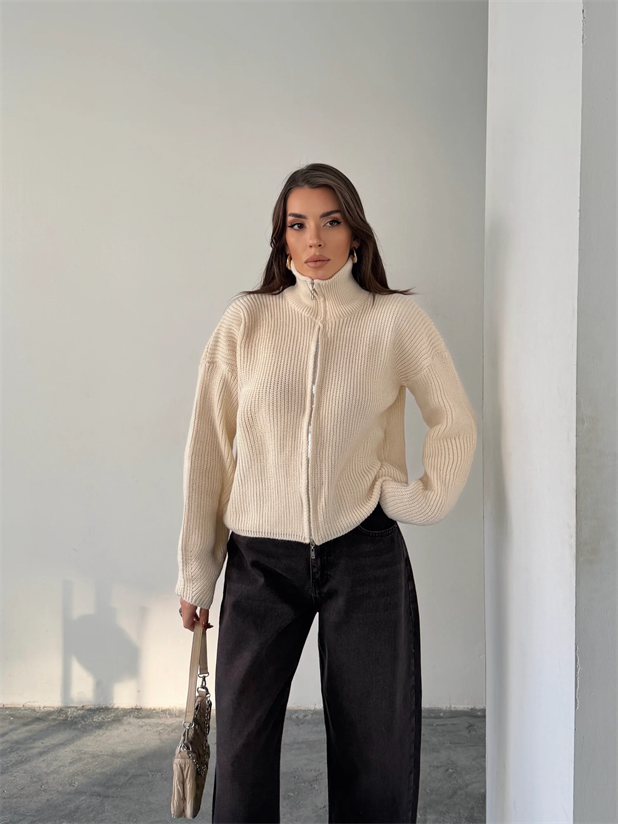 Çift Fermuarlı Triko - Ekru