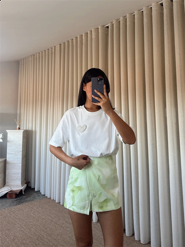 Çiçek Baskılı Mini Şort Etek - Mint