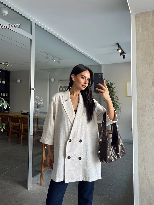 Salaş Yırtmaçlı Keten Ceket  - Krem