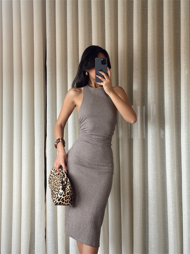 Sırt Dekolte Elbise - Vizon