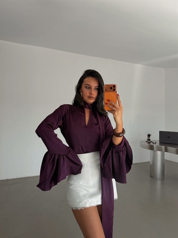 Fular Detay İspanyol Kol Saten Bluz - Mürdüm