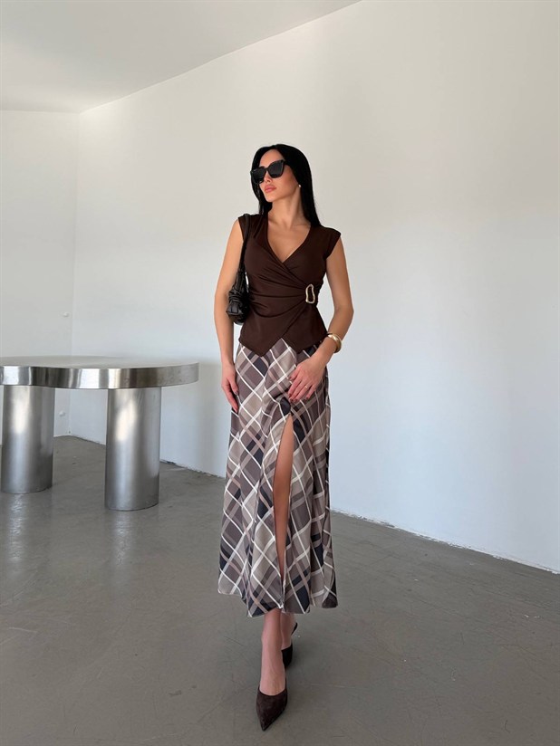 Geometrik Desenli Saten Etek - Haki