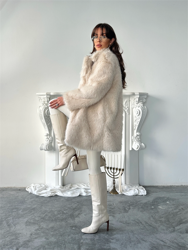 Premium Yakalı Uzun Kürk - Taş