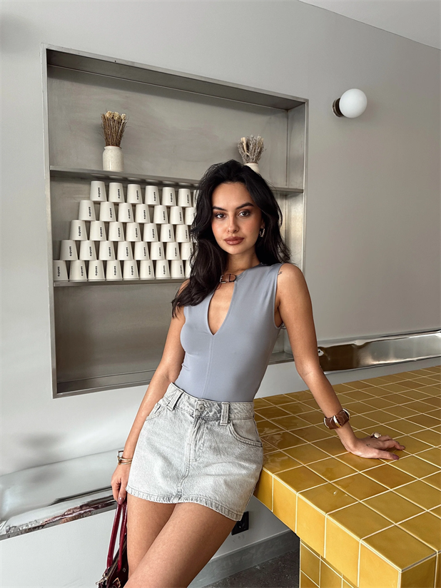 Janell Kemer Detay Bodysuit Gri - Gri