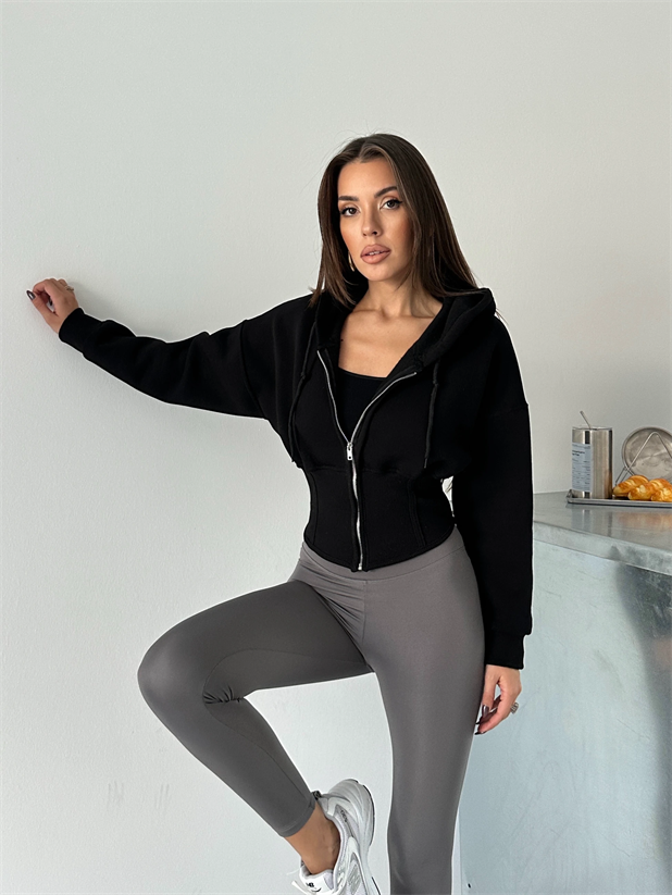 Korse Manşet Fermuarlı Sweat Hırka - Siyah