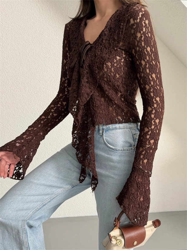 İspanyol Kol Bağcıklı Dantel Bluz - Kahve