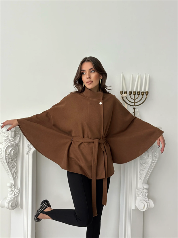 Kaşe Kuşaklı Pelerin Kaban - Taba