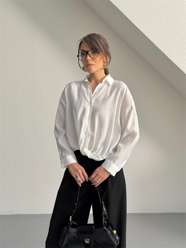 Önü Burgulu Modal Gömlek - Ekru