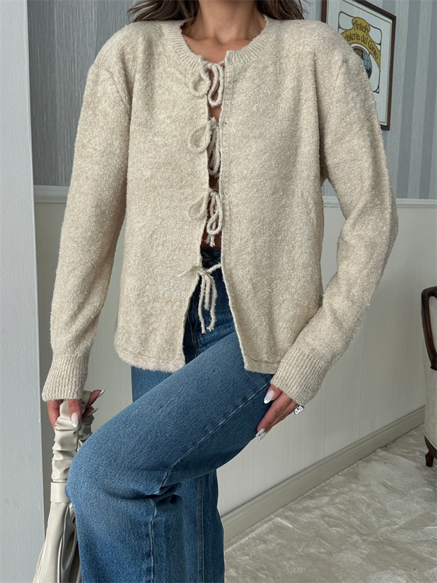 Önden Bağlamalı Triko Hırka  - Taş