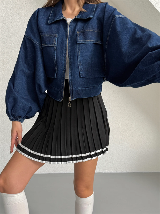 Kapak Cepli Balon Kol Denim Ceket - Lacivert