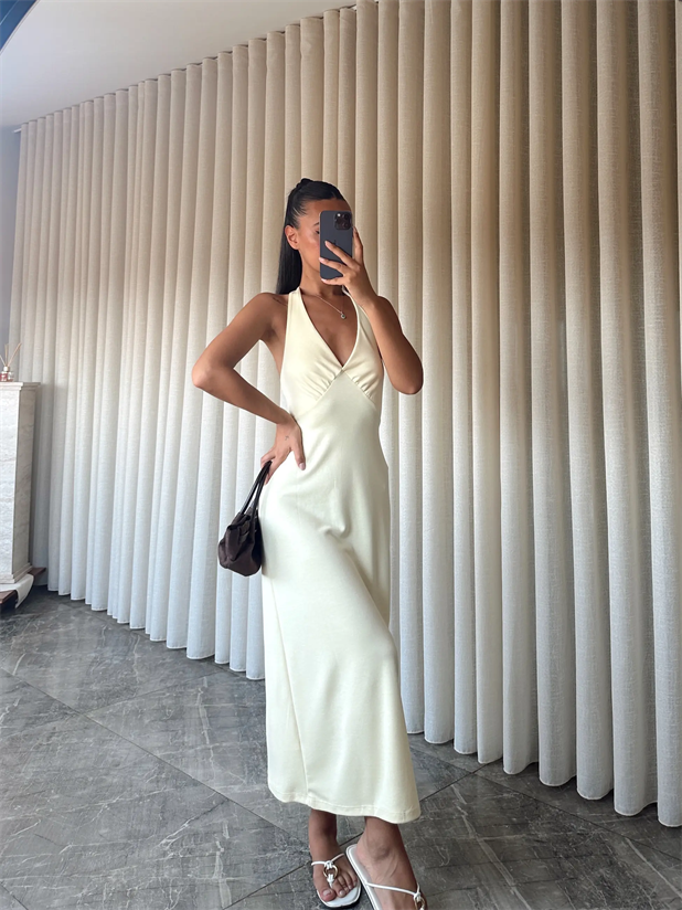 Boyundan Geçmeli Sırt Bağlamalı Elbise - Sarı