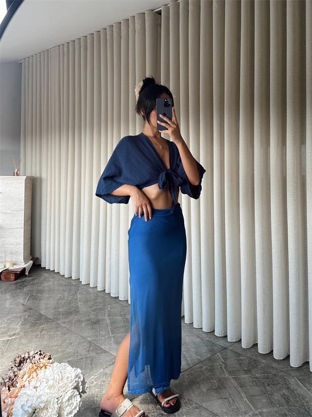 Astarlı Yan Yırtmaç Tül Etek - Mavi