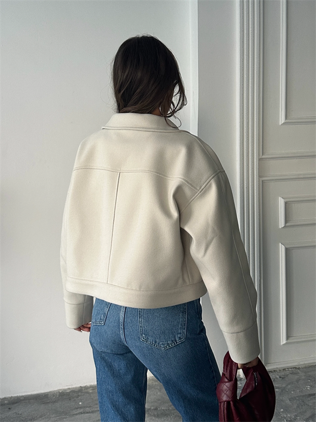 Kaşe Crop Mont - Taş