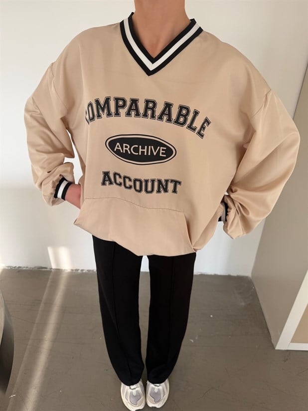 Önü Baskılı Şerit Detay Sweat - Taş