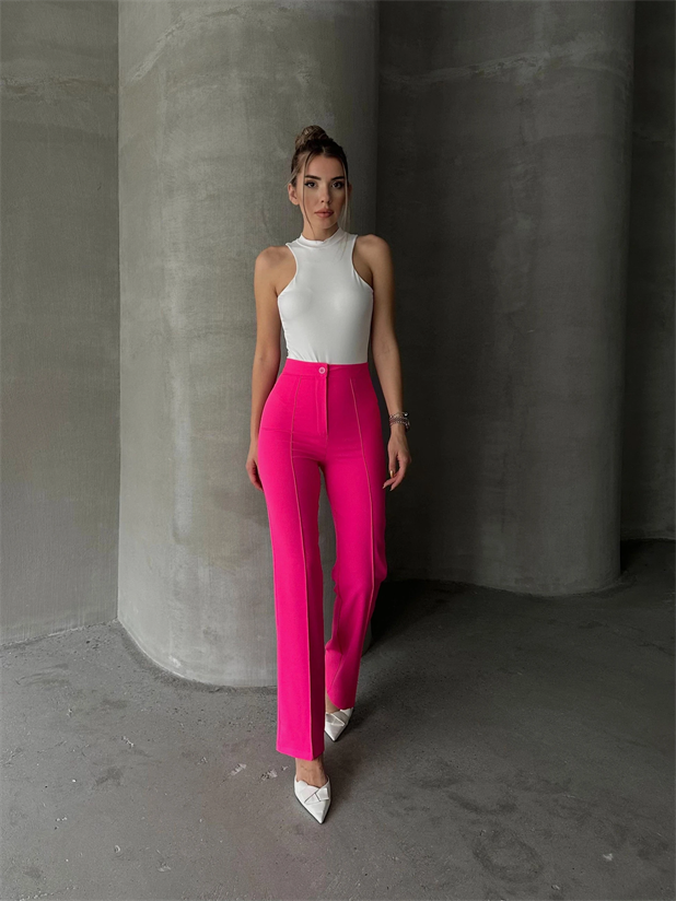 Ön Dikiş Boru Paça Kumaş Pantolon - Fuşya