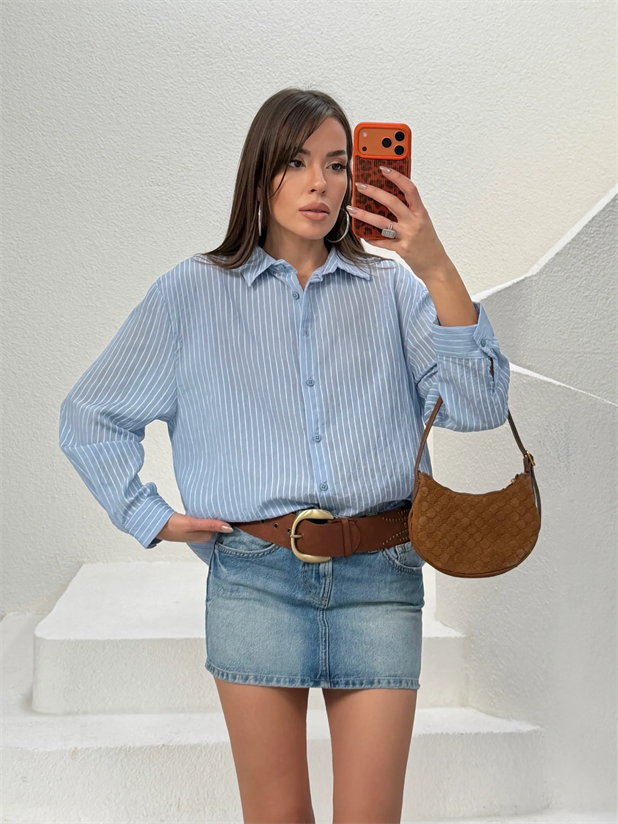 Çizgili Dokulu Gömlek - Mavi