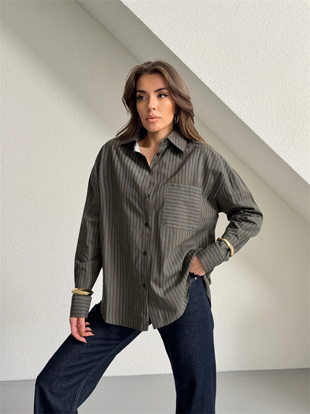 Çizgili Boyfriend Gömlek - Haki