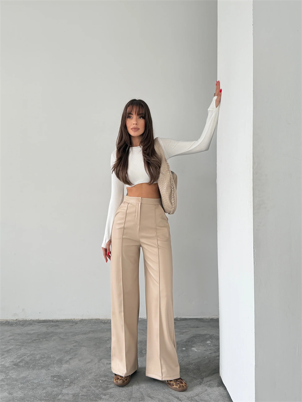 Çımalı Deri Palazzo Pantolon  - Taş