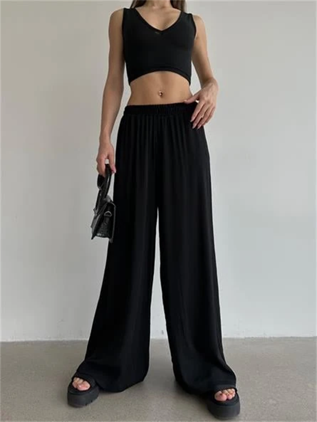 Bel Lastik Tiril Palazzo Pantolon Siyah - Siyah