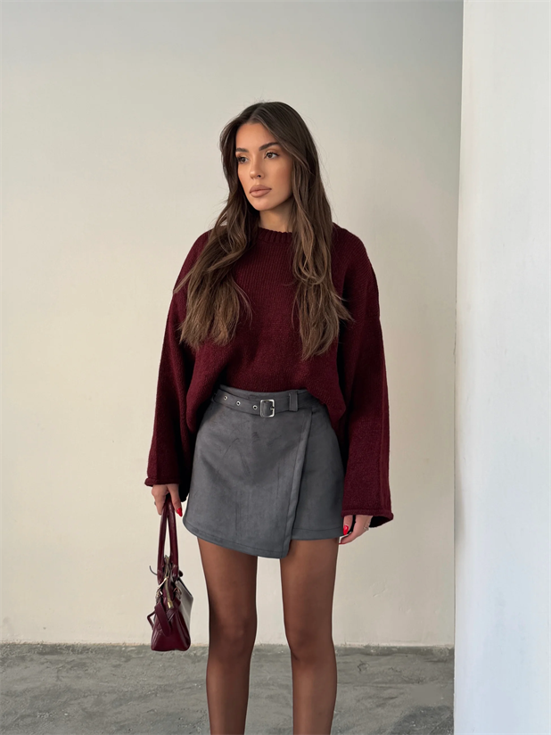 Süet Kemerli Şort Etek - Füme